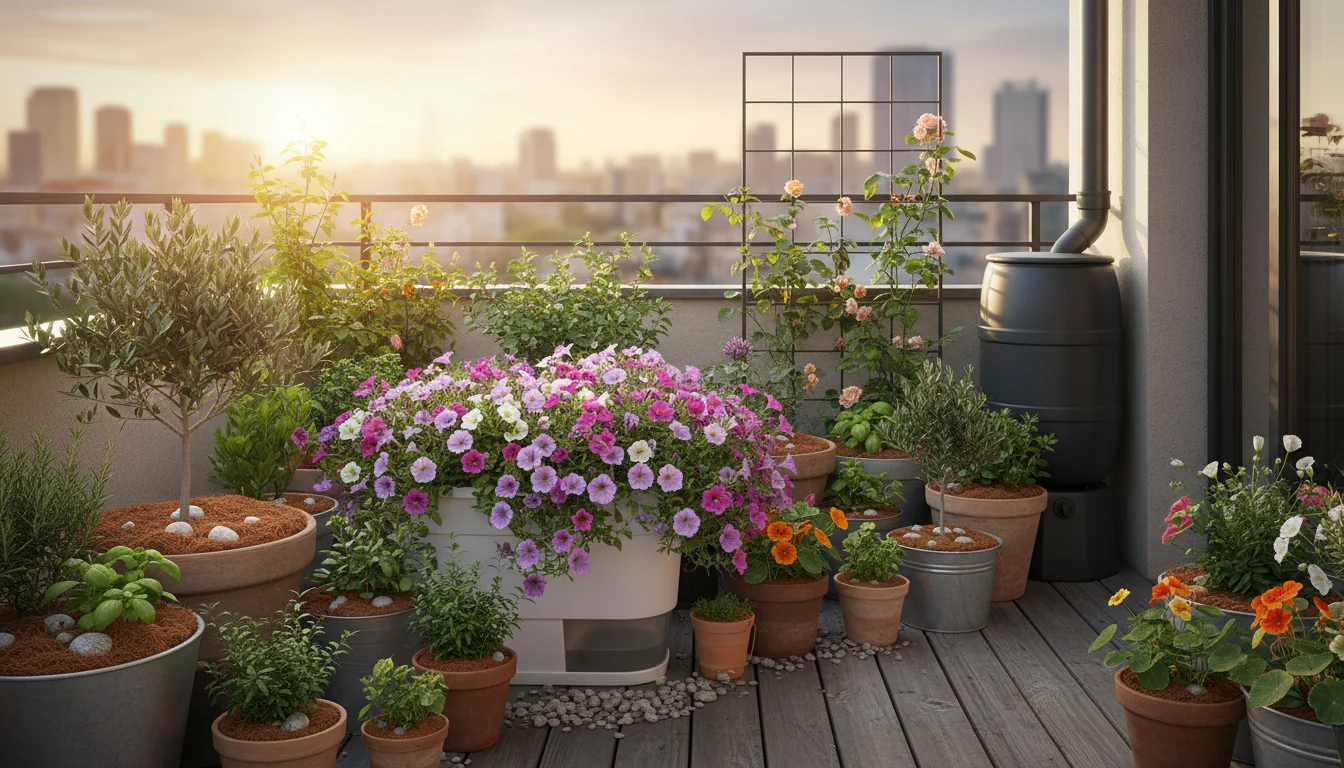 Thriving urban balcony garden at dawn: self-watering planter, grouped pots with coco coir mulch & decorative pebbles, compact rain barrel visible.