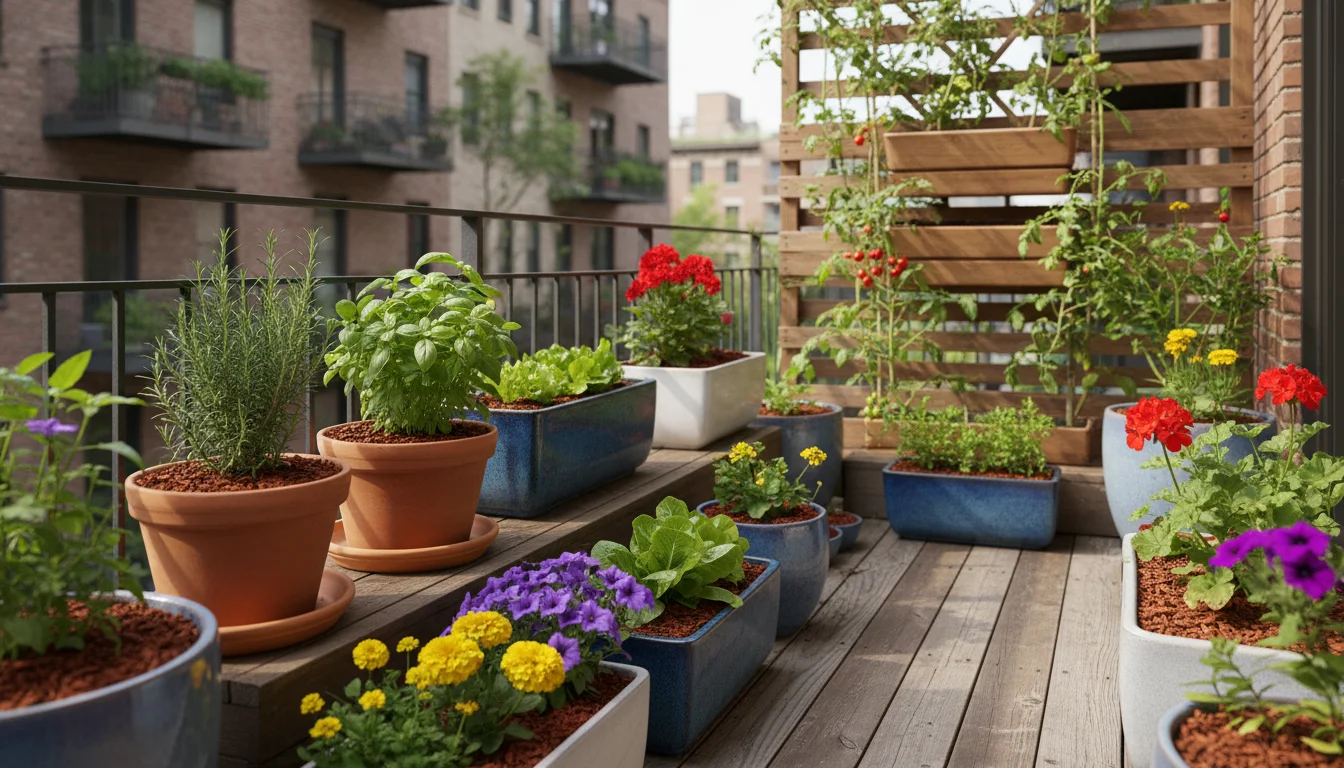 A thriving urban balcony garden featuring various mulched container plants and herbs, bathed in dappled sunlight.
