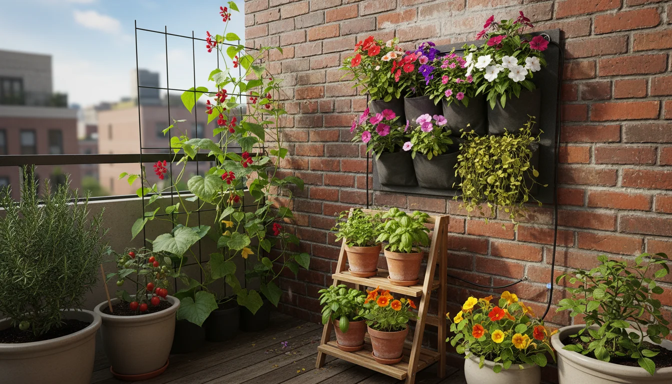 A thriving urban balcony garden featuring a wall-mounted pocket planter, a trellis with tomatoes, a stackable strawberry tower, and a hanging basket w