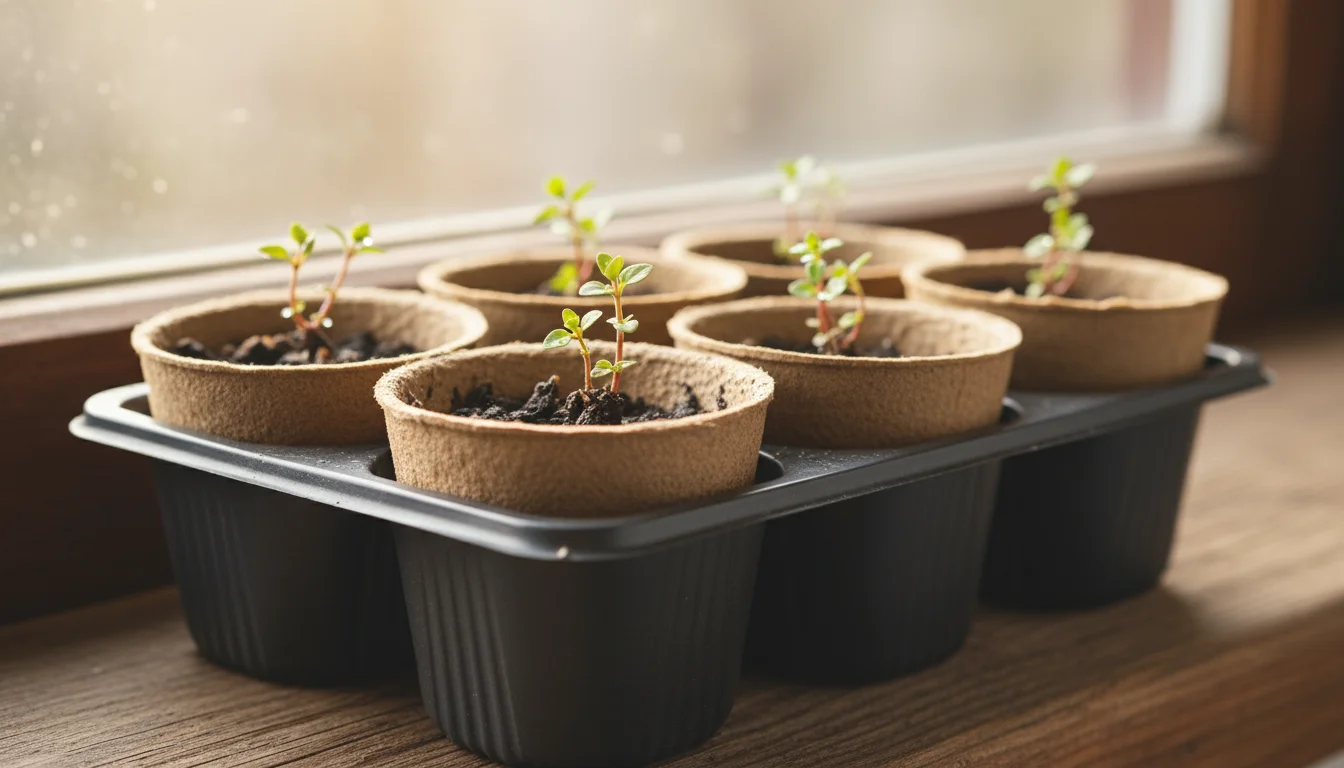 Close-up of thyme cuttings in a propagation tray, showing vibrant new light-green leaves emerging from older stems.