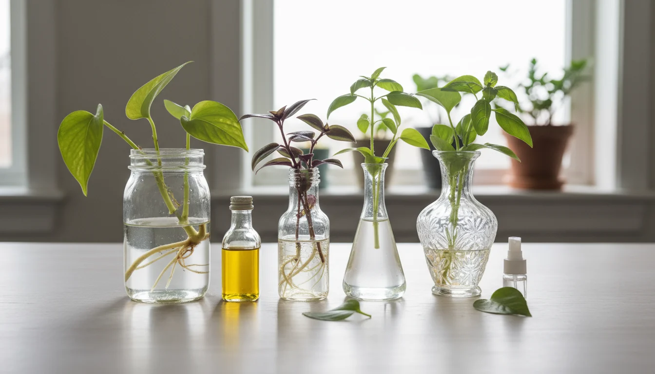A tidy collection of Pothos, Tradescantia, and basil cuttings in clear glass jars on a modern patio table, vividly displaying healthy white roots deve