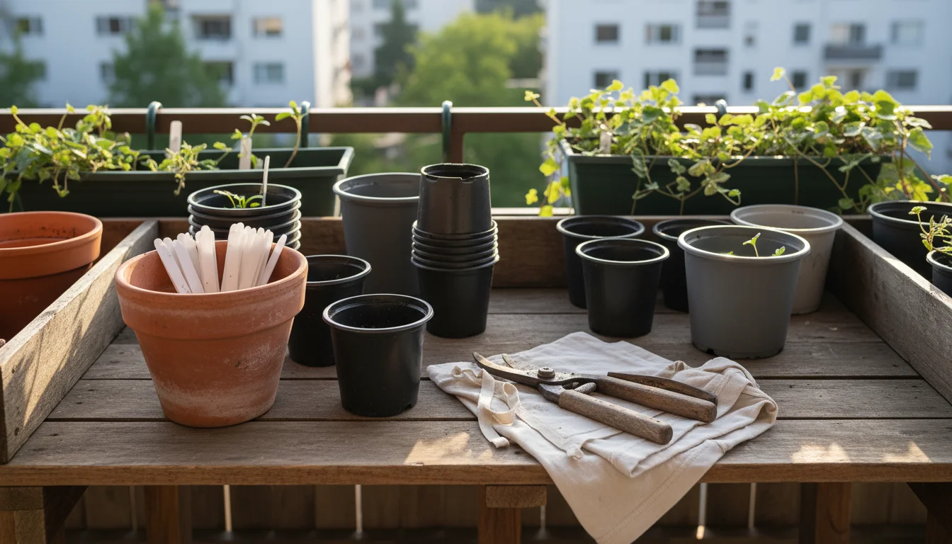 An elevated view of a tidy potting bench with reused plastic pots, a cut old t-shirt for ties, and a pot of recycled plastic tags on an urban balcony.