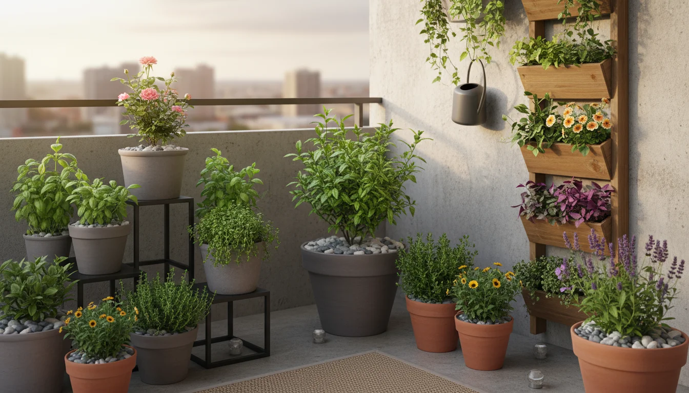 A tidy small balcony garden with various healthy potted plants on tiered stands and a vertical planter. Some pots have pebble-topped soil.
