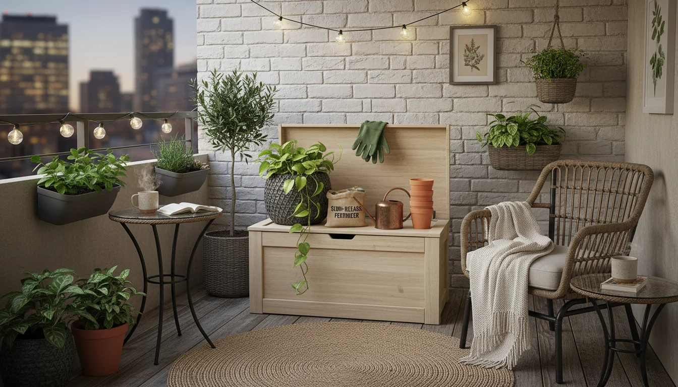 A tidy urban balcony corner featuring a light wooden storage bench, a dark green metal tool caddy with hand tools, and a rustic vertical pegboard orga