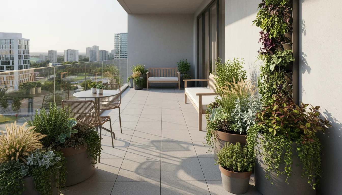A wide, slightly elevated view of a tidy urban balcony garden, showcasing thriving low-maintenance plants in containers and a vertical planter.