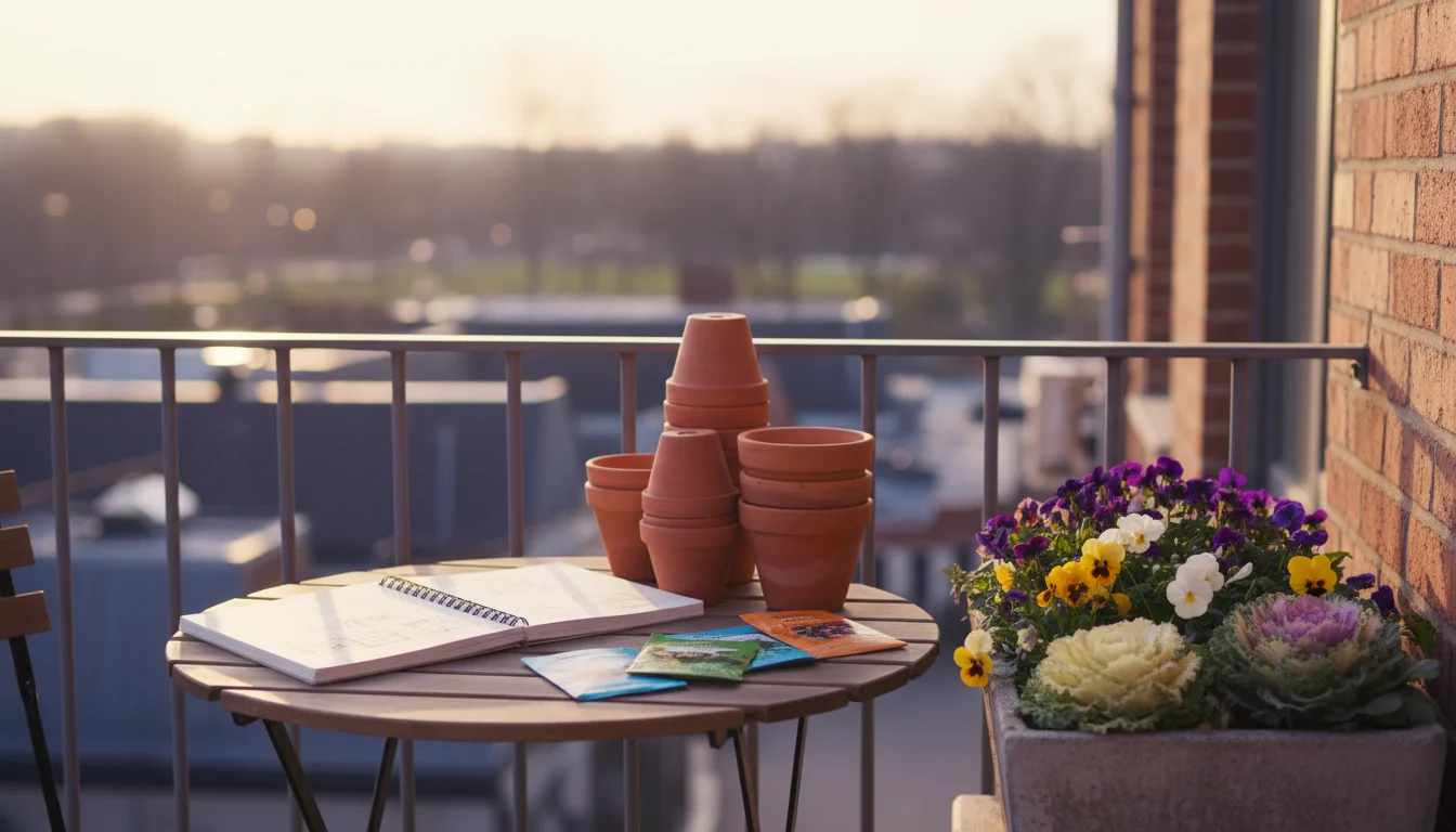 Tidy urban balcony with stacked clean pots, cool-season plants, and an open notebook with seed packets for spring planning.