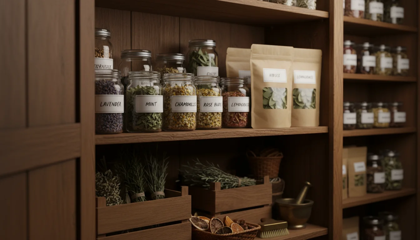 A tidy wooden pantry cupboard holds clear glass jars and resealable bags filled with various neatly labeled dried herbs and flower heads.