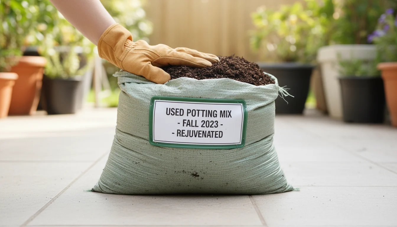 A neatly tied bag of used potting mix, labeled 'Used Potting Mix - Fall 2023 - Rejuvenated', sits on a clean patio. A hand rests gently beside the lab
