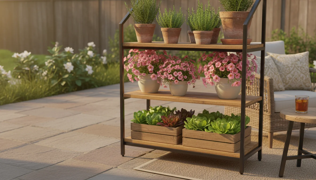 A tiered dark metal and wood shelving unit on a patio, holding sun-loving herbs, cascading petunias, and shade-tolerant lettuce, bathed in golden ligh