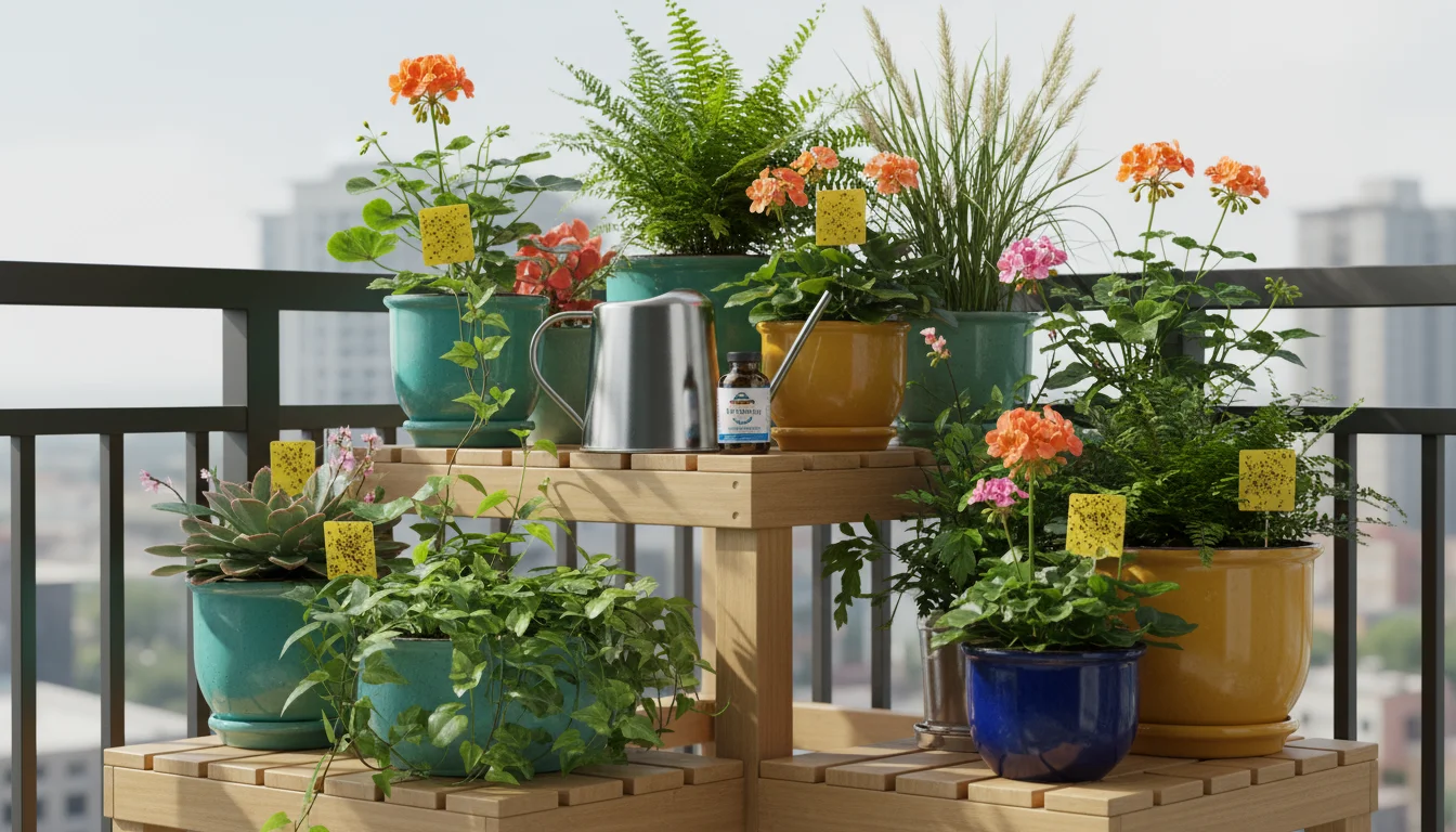 Tiered plant stand on a balcony filled with thriving container plants. Yellow sticky traps, a watering can, and a Bti bottle are visible.