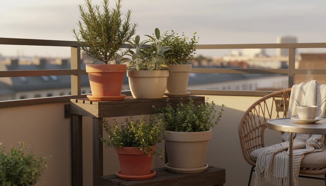 Tiered planter stand on a balcony displaying pots of rosemary, sage, thyme, and oregano bathed in warm afternoon sun.