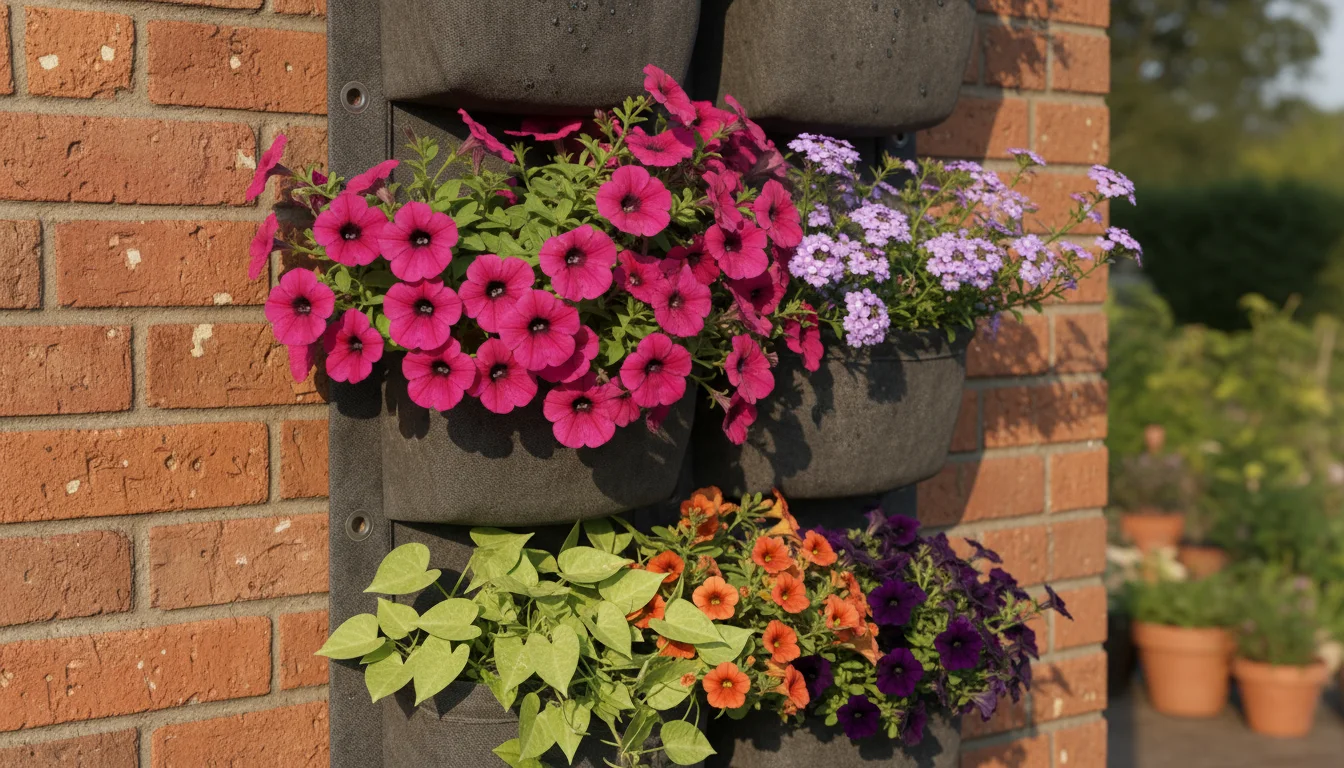 Close-up of a tiered vertical planter showcasing fuchsia petunias and lavender verbena in harmony above contrasting chartreuse coleus.