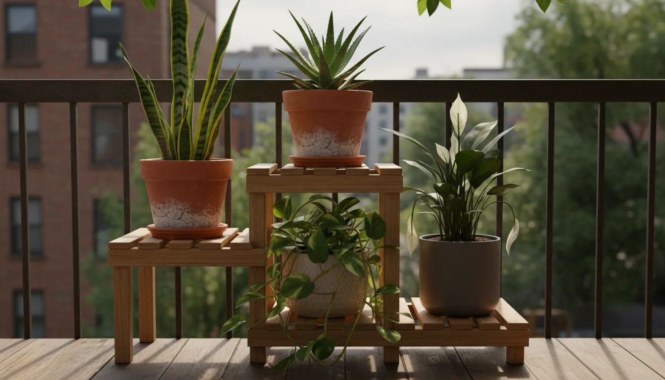 A tiered wooden plant stand on a sunny balcony holds various indoor plants, including Snake Plant, Aloe, Pothos, and Peace Lily.