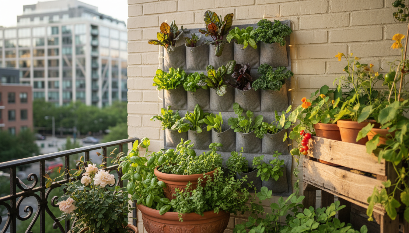 Close-up of a waterlogged plant with yellowing, translucent leaves in a sleek, undrained ceramic pot on a balcony floor, illustrating poor drainage.