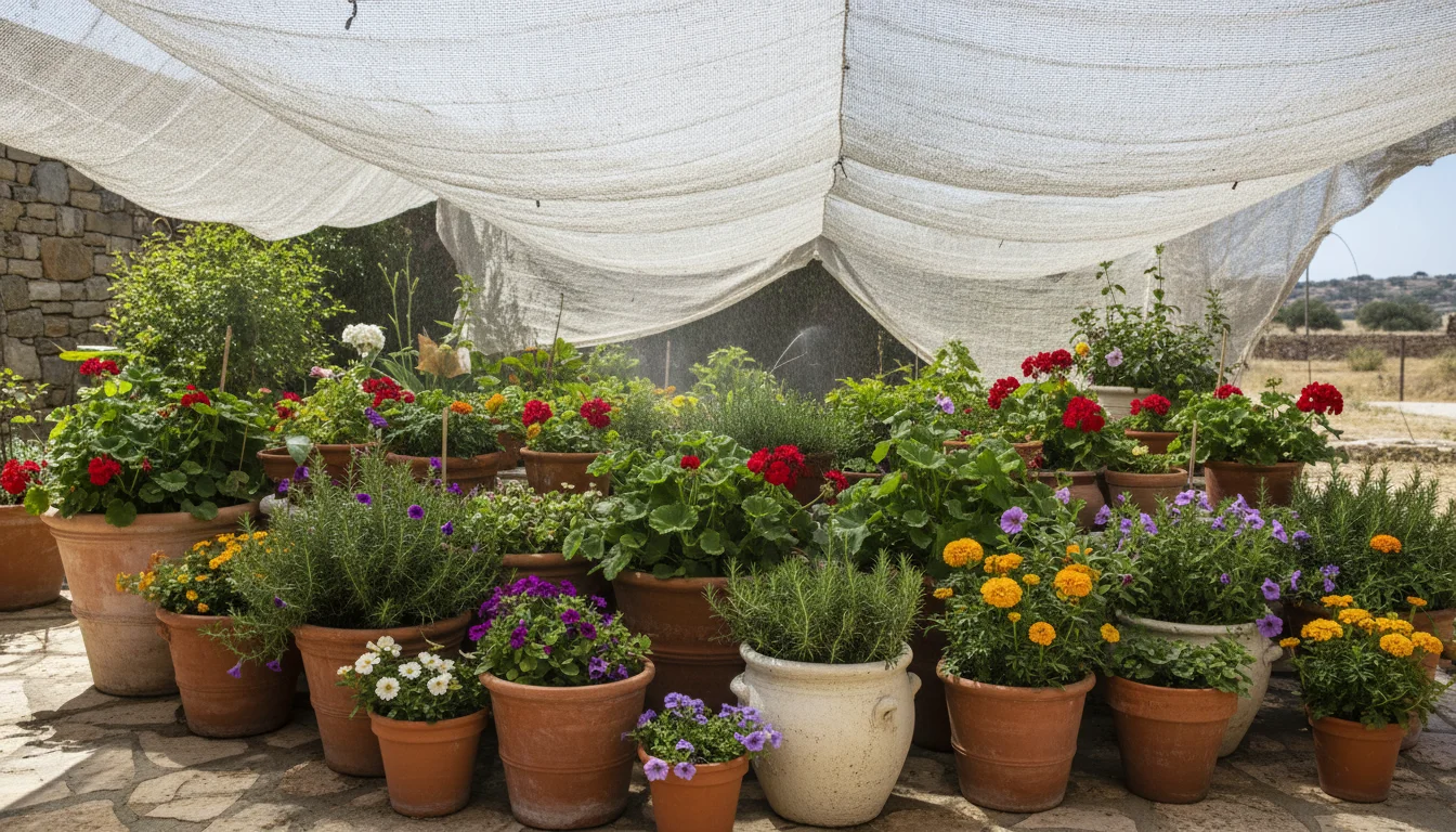 A slightly elevated view of tightly clustered light-colored pots with vibrant plants under a temporary shade cloth on a sunny patio.