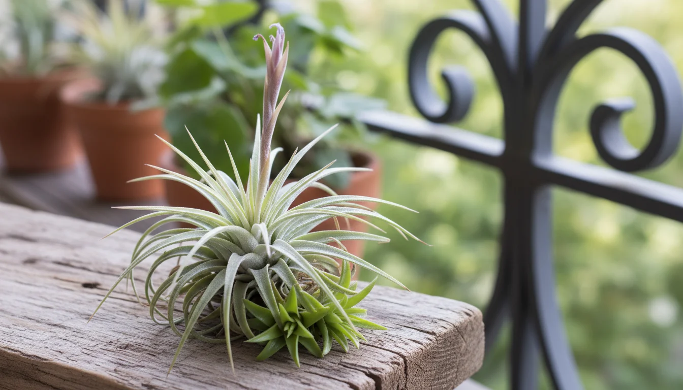 A Tillandsia air plant on a wooden surface, displaying new green 'pups' growing from the base of the larger 'mother' plant, next to a faded bloom.