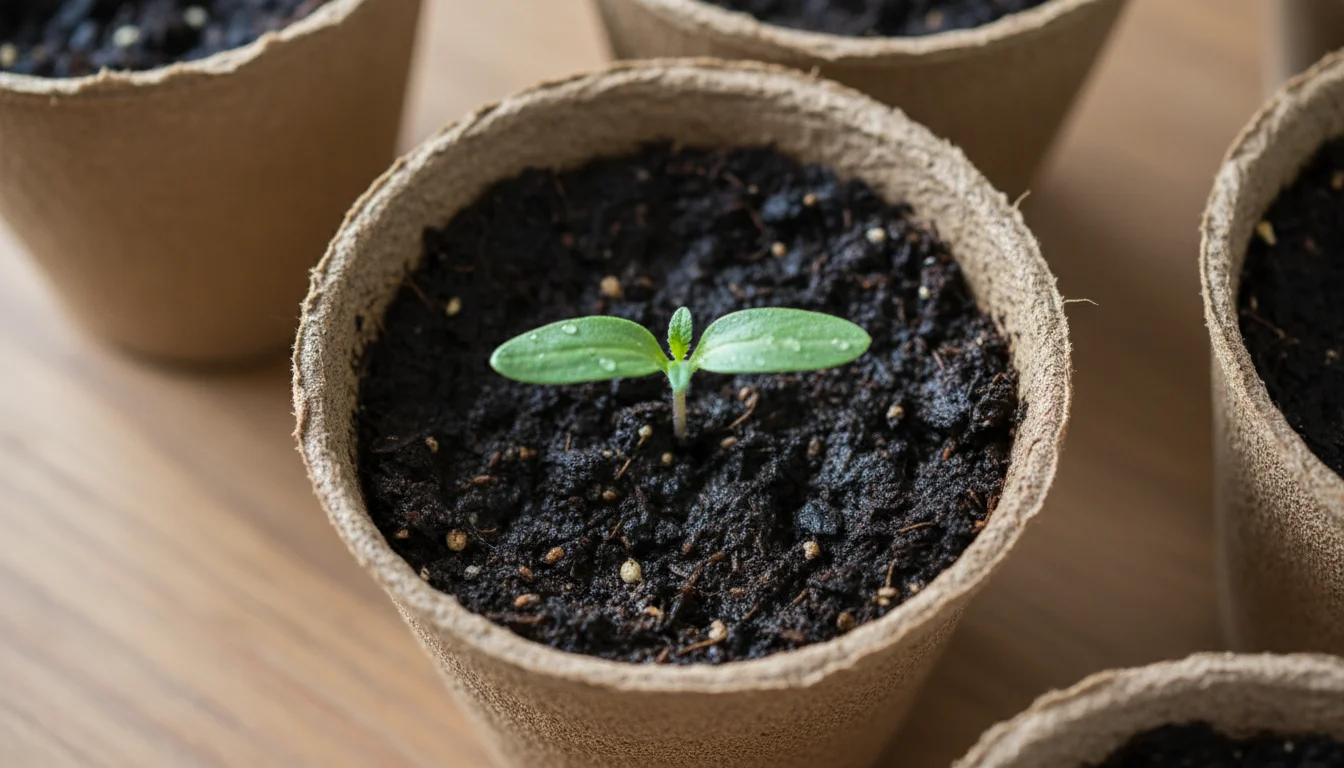 Very close overhead view of a tiny, bright green tomato seedling with two cotyledon leaves emerging from dark soil in a small pot under a grow light.