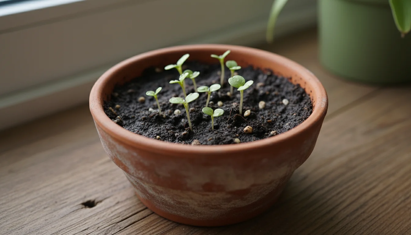 Tiny Coleus seedlings with emerging patterned leaves growing in a moist terracotta seed tray on a wooden surface.