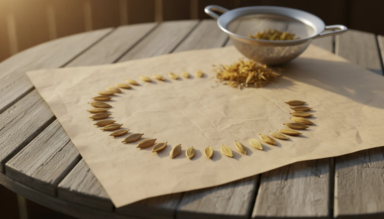 Tiny, crescent-shaped calendula seeds drying on parchment paper on a wooden table, next to a sieve with chaff.