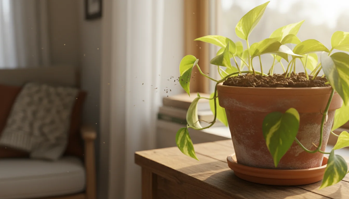 Tiny dark flies hovering over moist soil in a terracotta potted Pothos plant on a windowsill, with a person's hand reaching towards it.