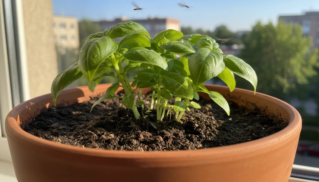 Tiny dark fungus gnats crawling on moist soil in a potted basil plant on an apartment windowsill.
