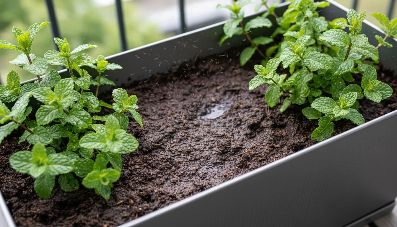 Tiny dark fungus gnats hovering subtly over the dark, moist soil of a mint plant in a rectangular metal balcony planter, with out-of-focus urban conta