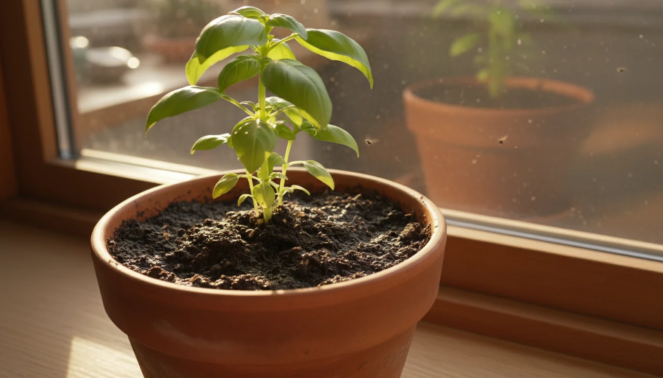 Close-up of tiny fungus gnats emerging from moist soil of a container plant on a sunlit kitchen windowsill.