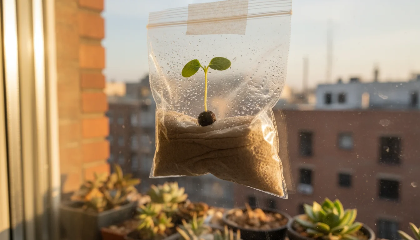Close-up of a tiny green sprout emerging from a seed inside a clear ziplock bag taped to a sunlit apartment window, condensation visible.