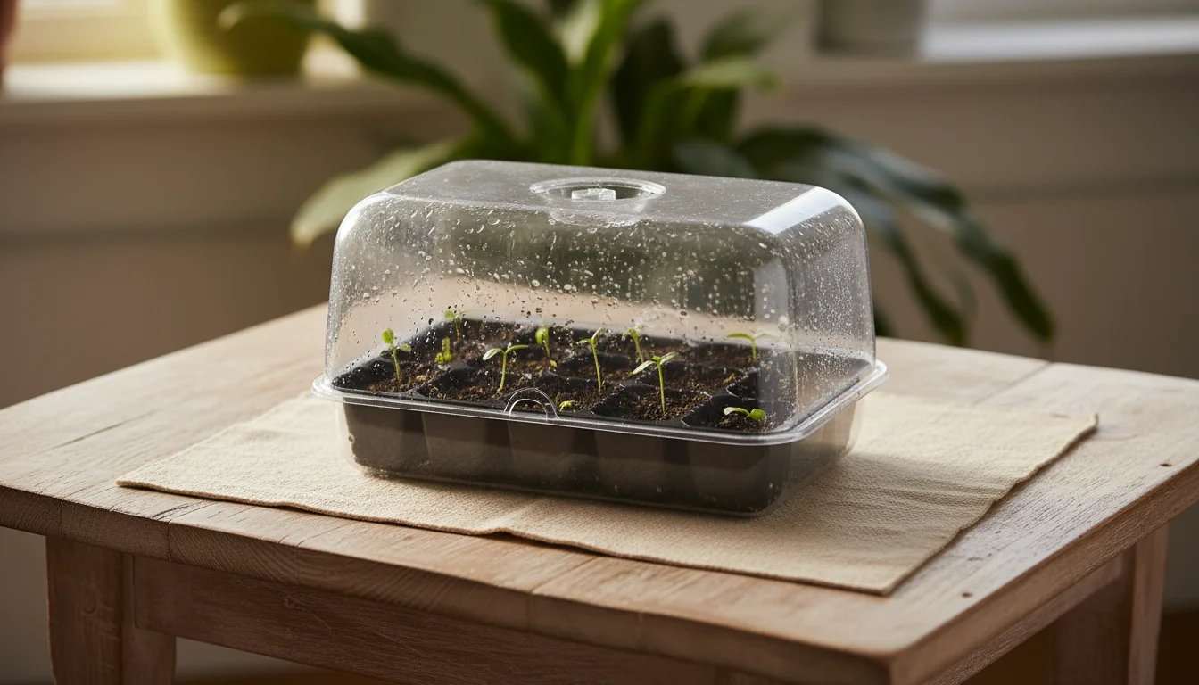 Tiny snake plant sprouts just beginning to emerge from seed-starting mix under a clear propagation dome on a heating mat.