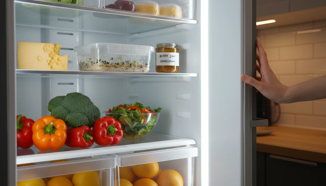 Tiny white-rooted seedlings sprouting from dark seeds on a damp paper towel inside a clear container on a refrigerator shelf.