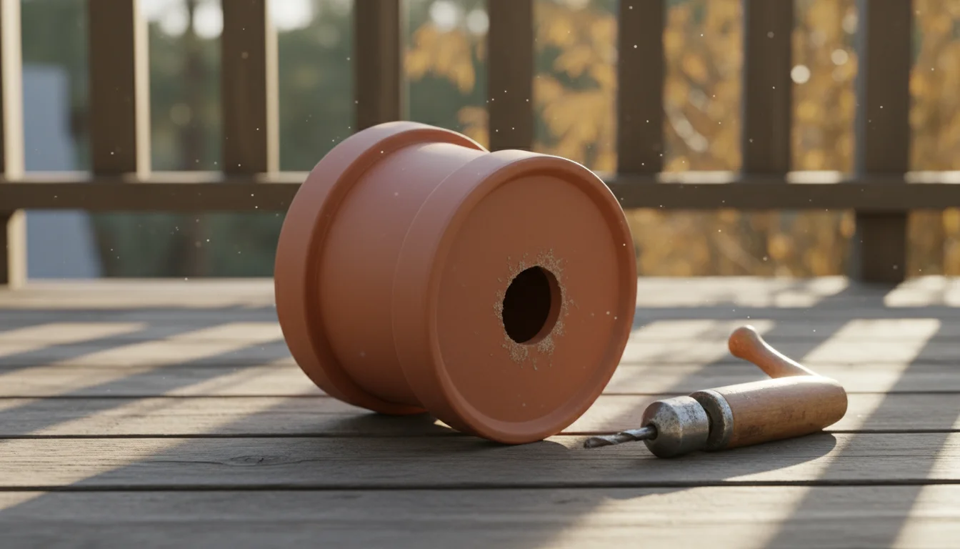 Tipped terracotta pot on a balcony floor, clearly showing a drainage hole. A small drill bit rests beside it, indicating preparation for planting.