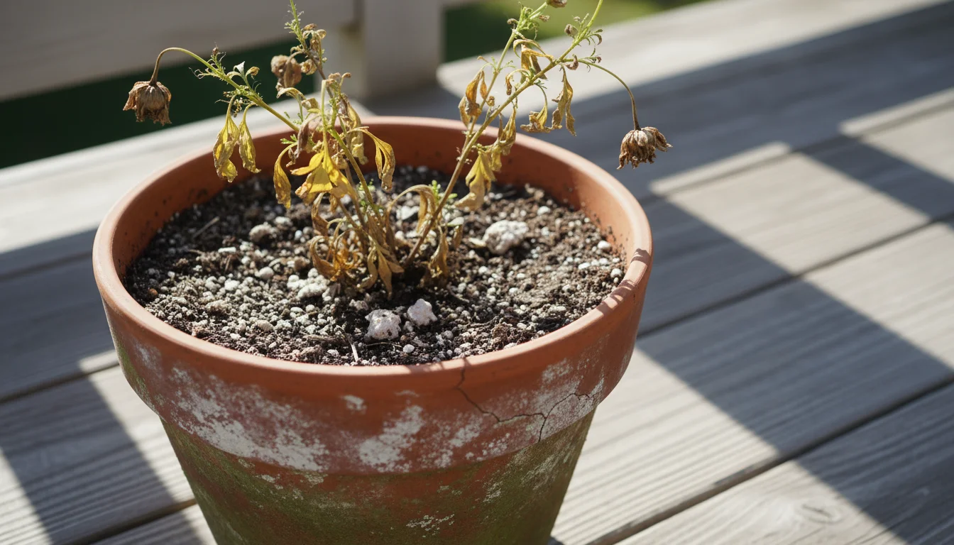 A tired annual plant in a terracotta pot with dry, compacted soil showing signs of depletion on a patio.
