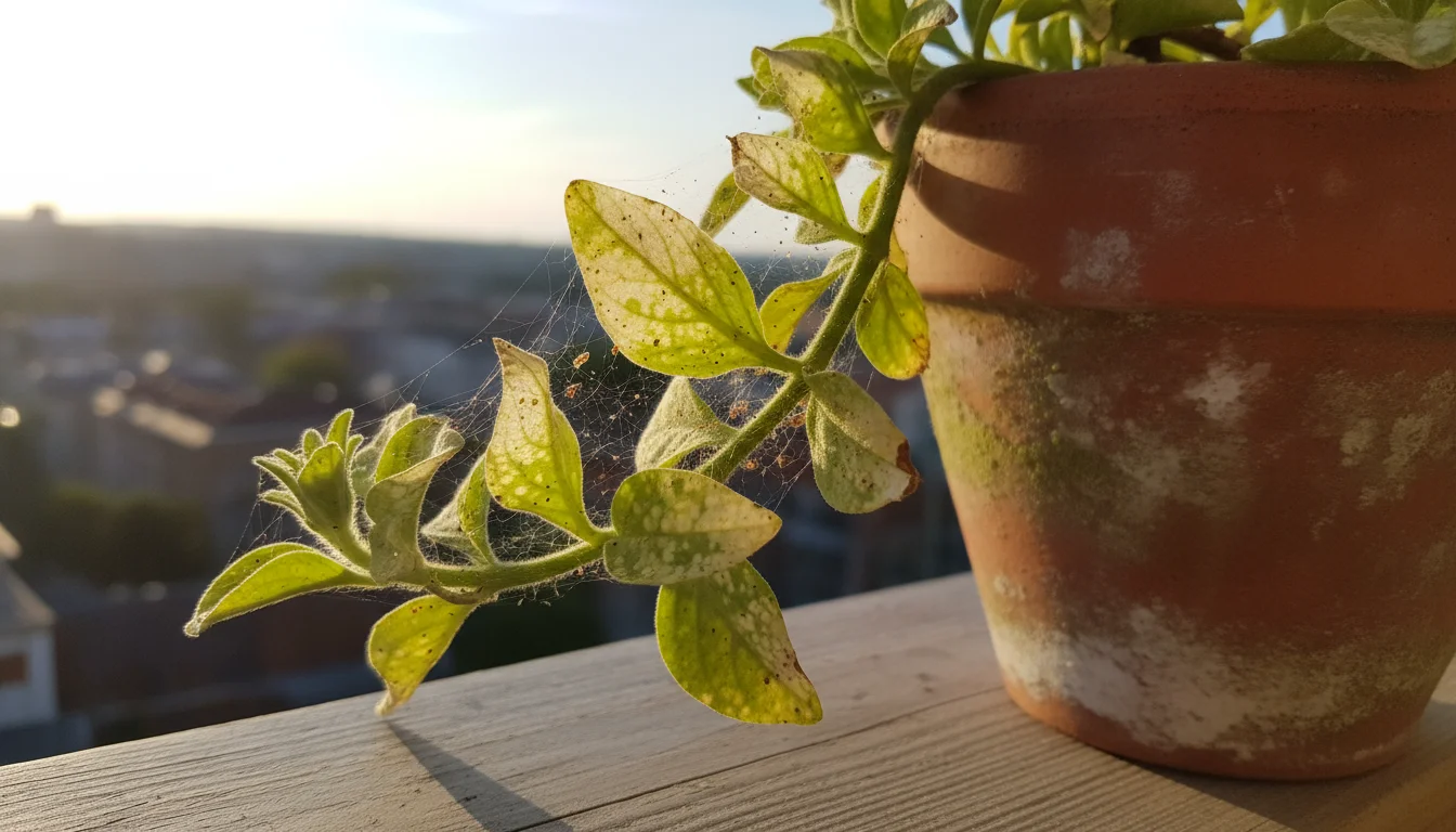 Close-up of a trailing petunia plant leaf from a balcony pot, showing tiny yellow-white stippling and a delicate spider mite web in soft sunlight.
