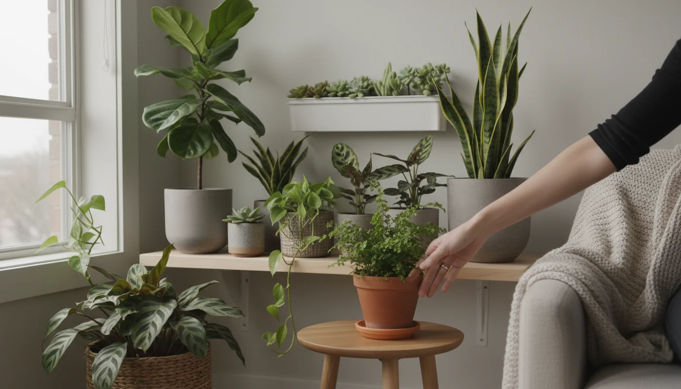 A tranquil apartment corner with diverse, healthy houseplants in neutral pots on a shelf and table. A hand rests gently on a pot. A vertical planter i