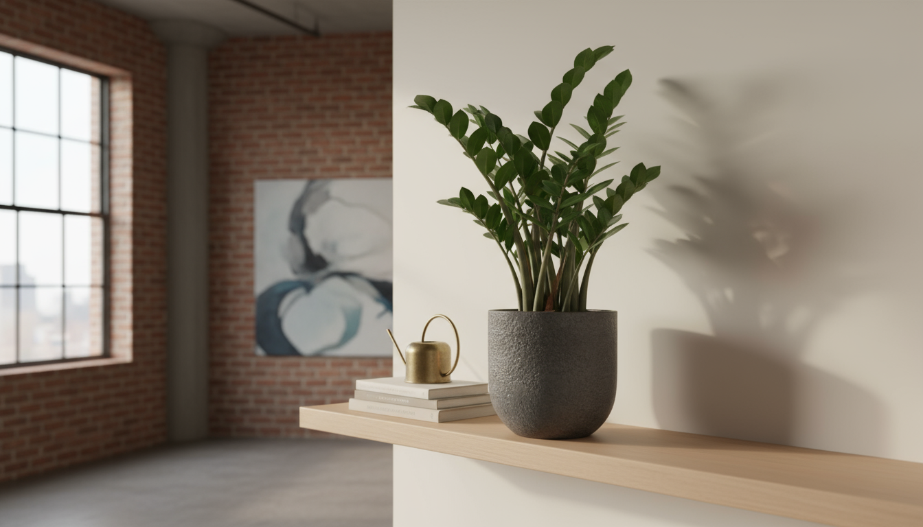 Braided Lucky Bamboo stalks in a clear glass vase with pebbles, on a light wood floating shelf in a softly lit, minimalist room.