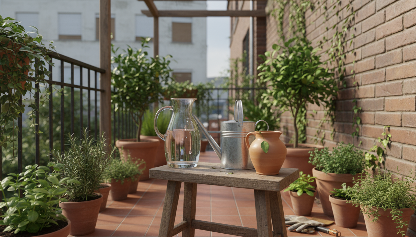 Small houseplants on an urban window sill bathed in soft winter light, with an unused watering can nearby.