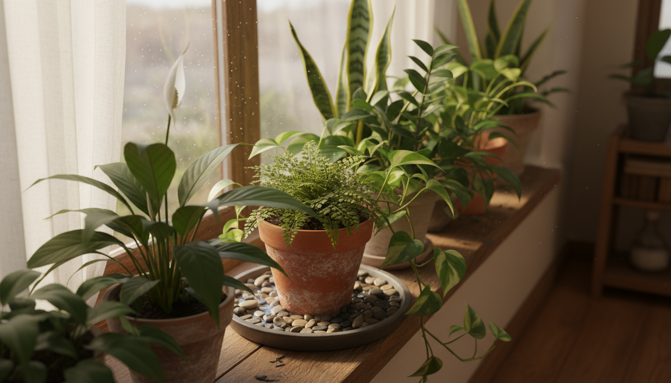 A healthy Snake Plant in a minimalist ceramic pot on a bedside table in a compact, softly lit bedroom, beside a book and glass of water.