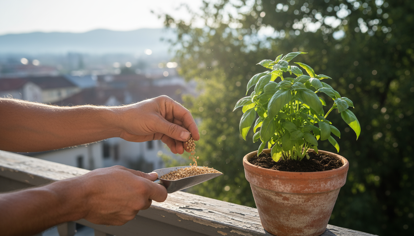 Hands watering bright portulaca in a light colored, mulched pot, with an umbrella casting shade on a balcony.