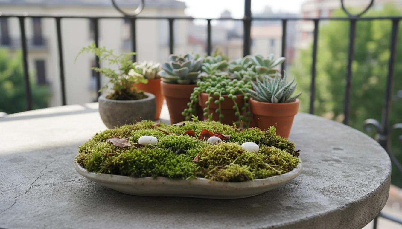Close-up of a tranquil small balcony garden featuring a vibrant moss carpet in a ceramic dish, a delicate maidenhair fern in terracotta, and a miniatu