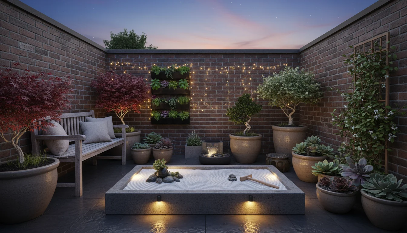 A tranquil small patio container Zen garden at twilight, illuminated by soft LED string lights, solar spotlights, and a metal lantern, creating a warm