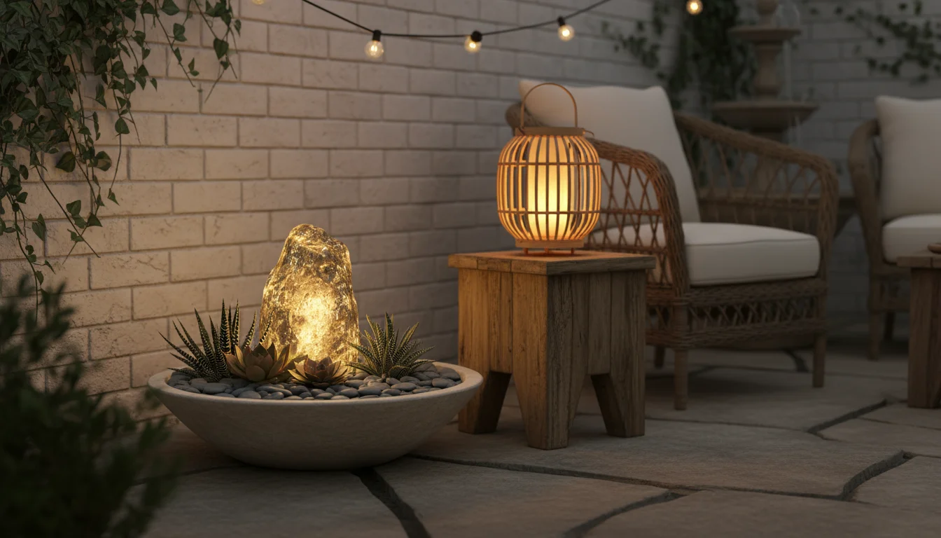 A tranquil small patio corner at twilight with a glowing stone-look solar stake in a pebble planter and a bamboo-look solar lantern.
