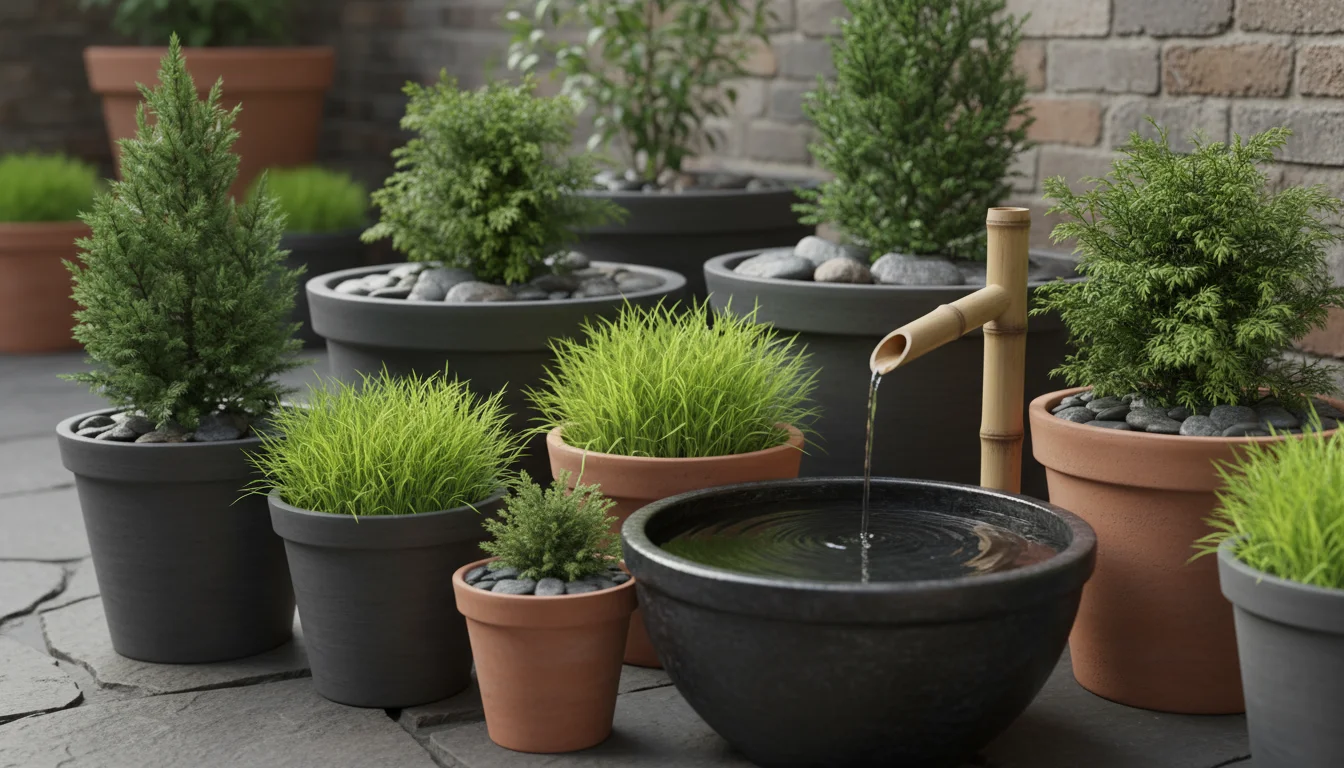 A tranquil small patio garden featuring various dark grey containers with dwarf conifers, Japanese forest grass, smooth stones, and a subtle bamboo wa
