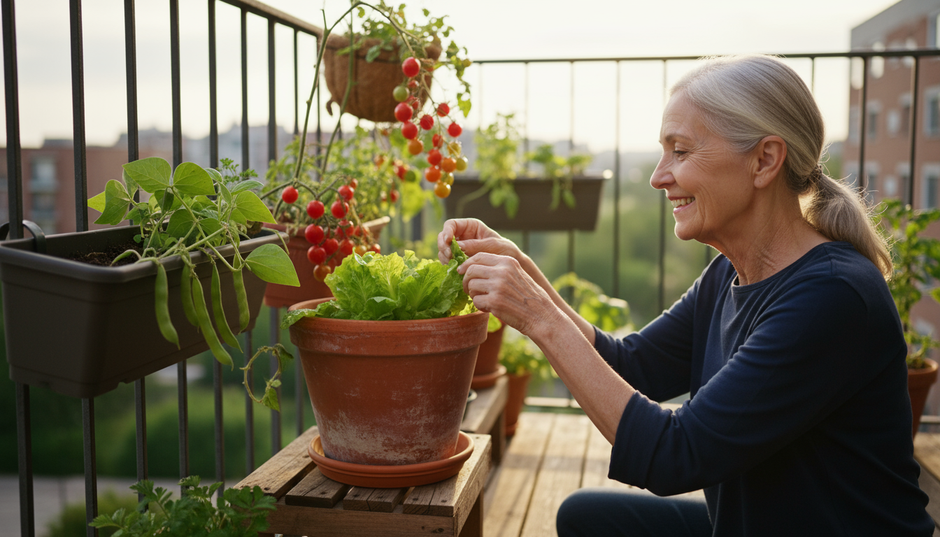 Two container gardens on a patio: one with lush cool-season lettuce and spinach in soft light, another with warm-season tomato and basil in bright sun
