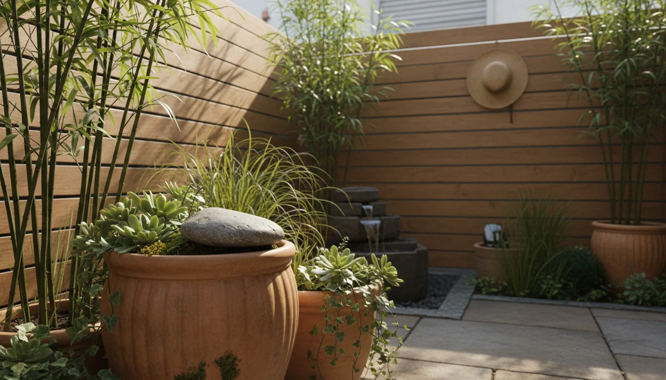 A tranquil small urban patio corner with tall container plants and a modern slatted screen providing privacy. Soft light filters through foliage.