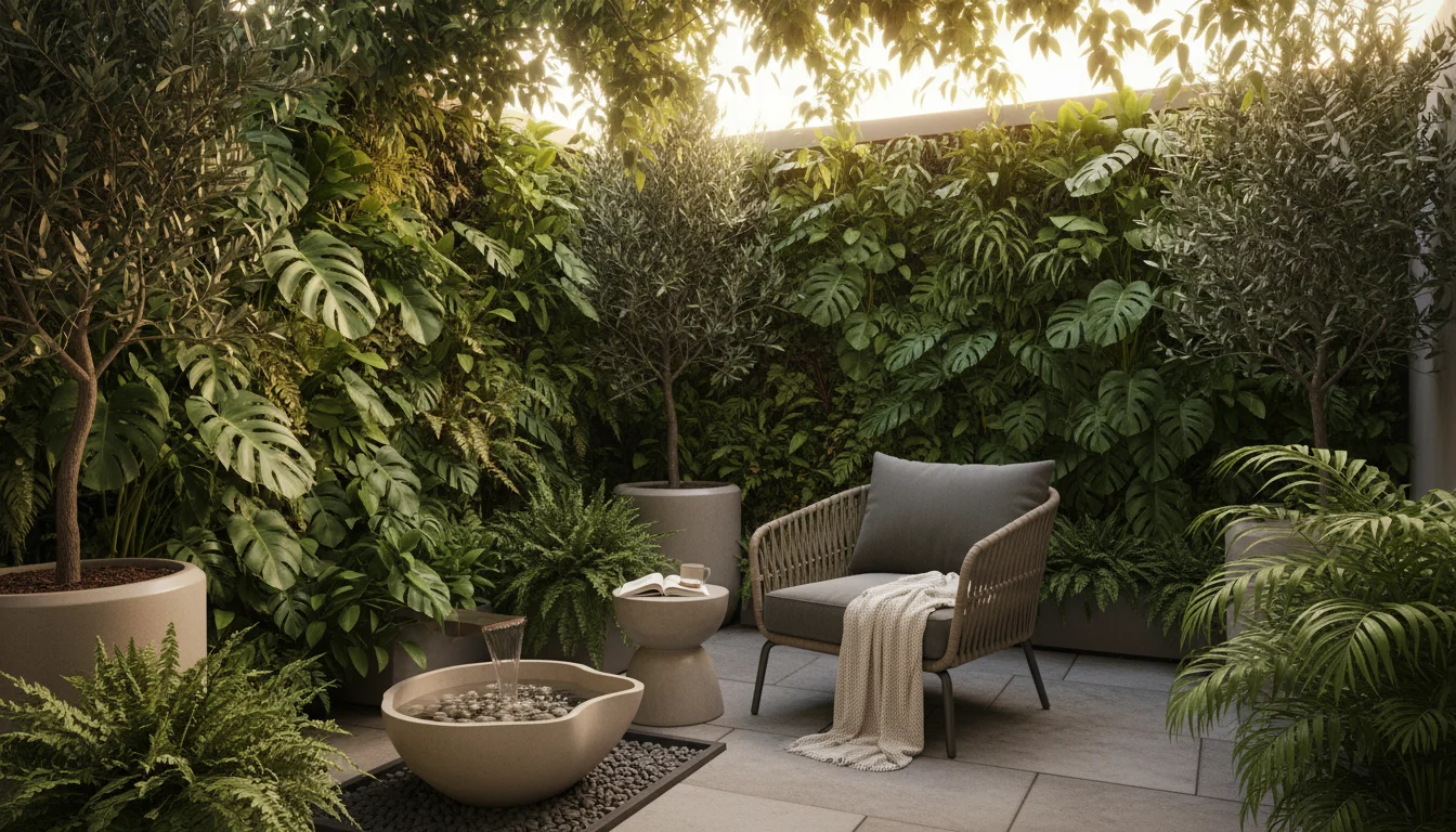 A tranquil urban patio corner featuring dense container plants, a gently trickling water feature, deep-toned wind chimes, and plush seating, creating