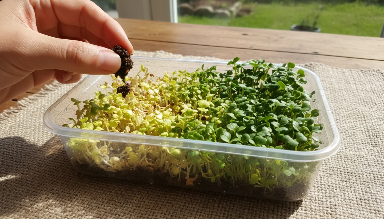 Close-up of a tray of microgreens on a windowsill, with some plants looking yellowed as a hand checks the soil moisture.