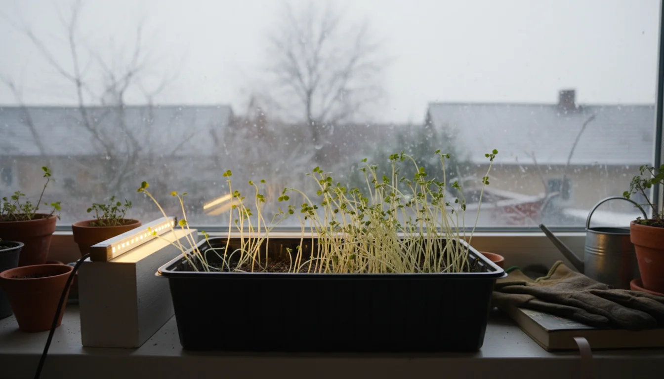 A tray of pale, stretched microgreens on a windowsill under weak winter light, with a small LED strip light nearby.