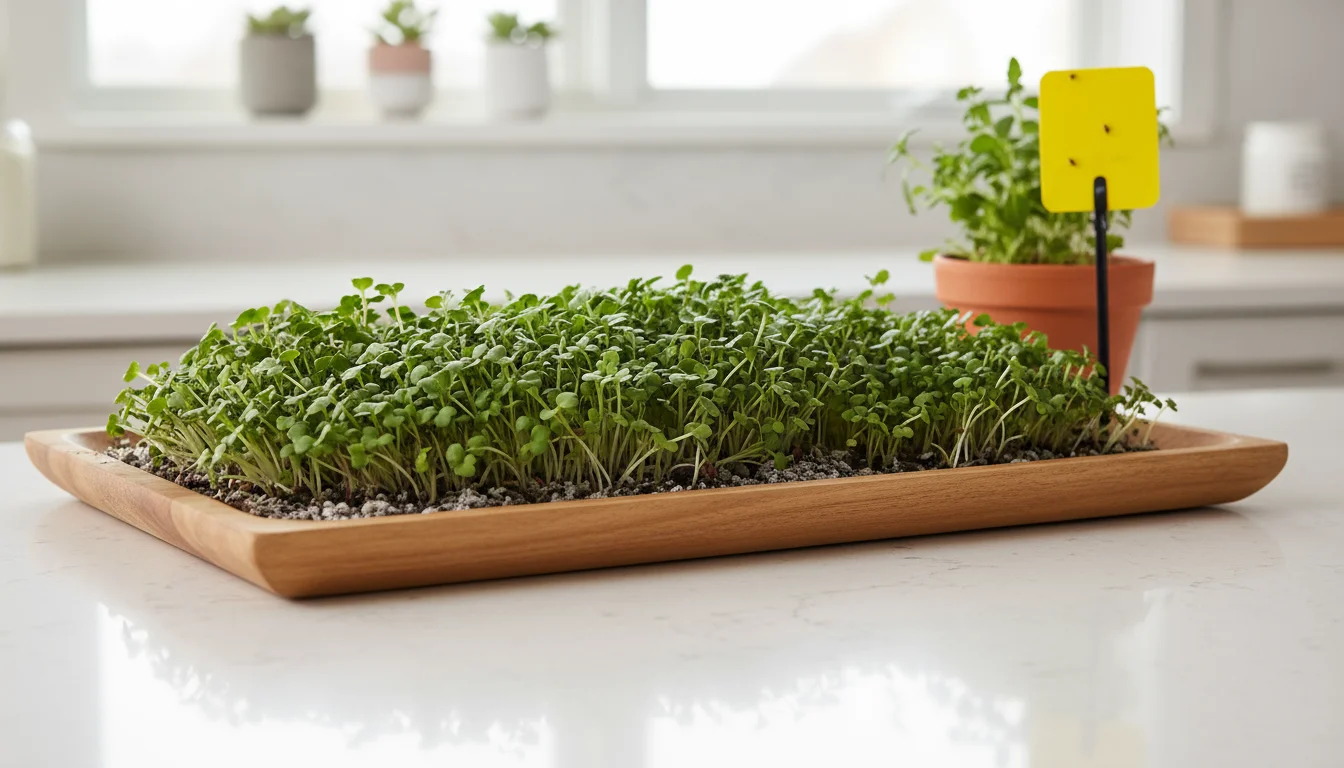 A tray of vibrant microgreens on a kitchen counter with a yellow sticky trap visible against a white tile backsplash.