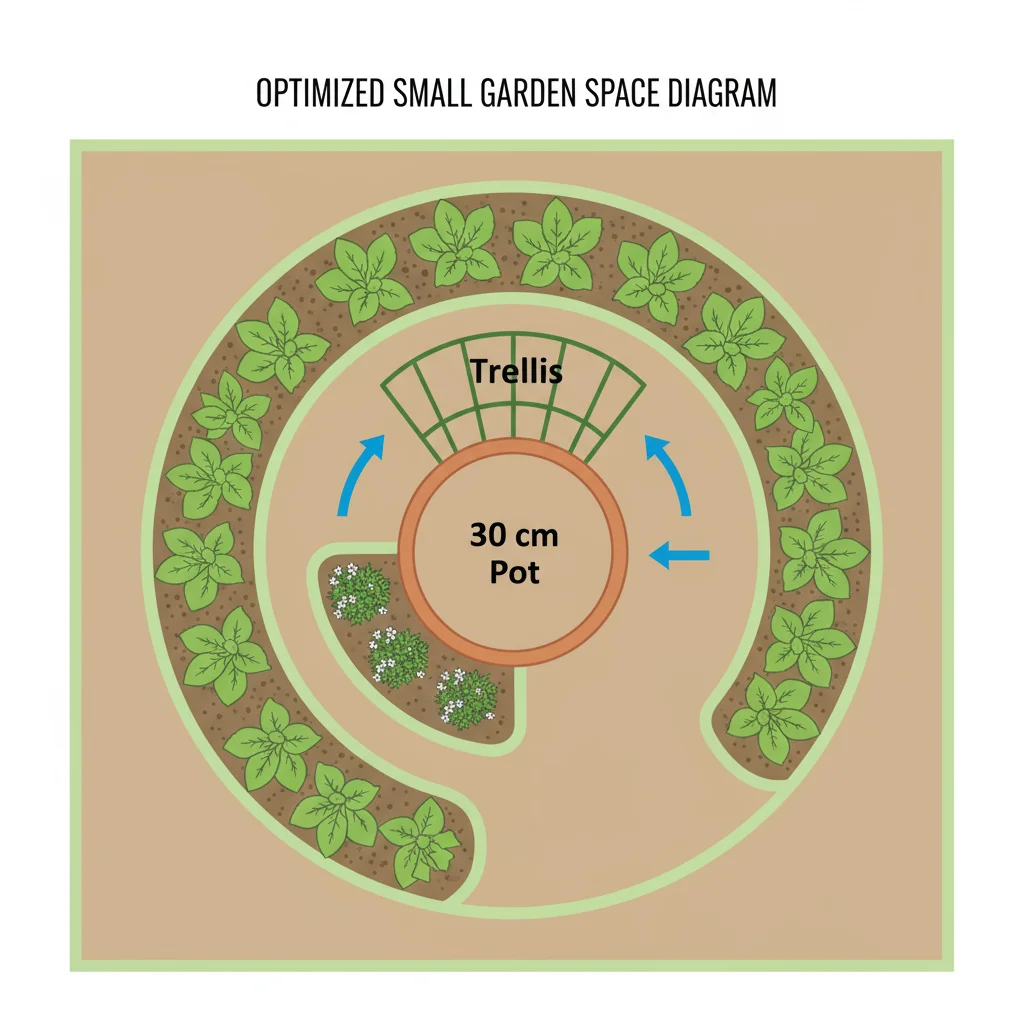 Trellis diagram for small garden; shows water flow arrows and a 30cm pot. Labels are clean and legible.