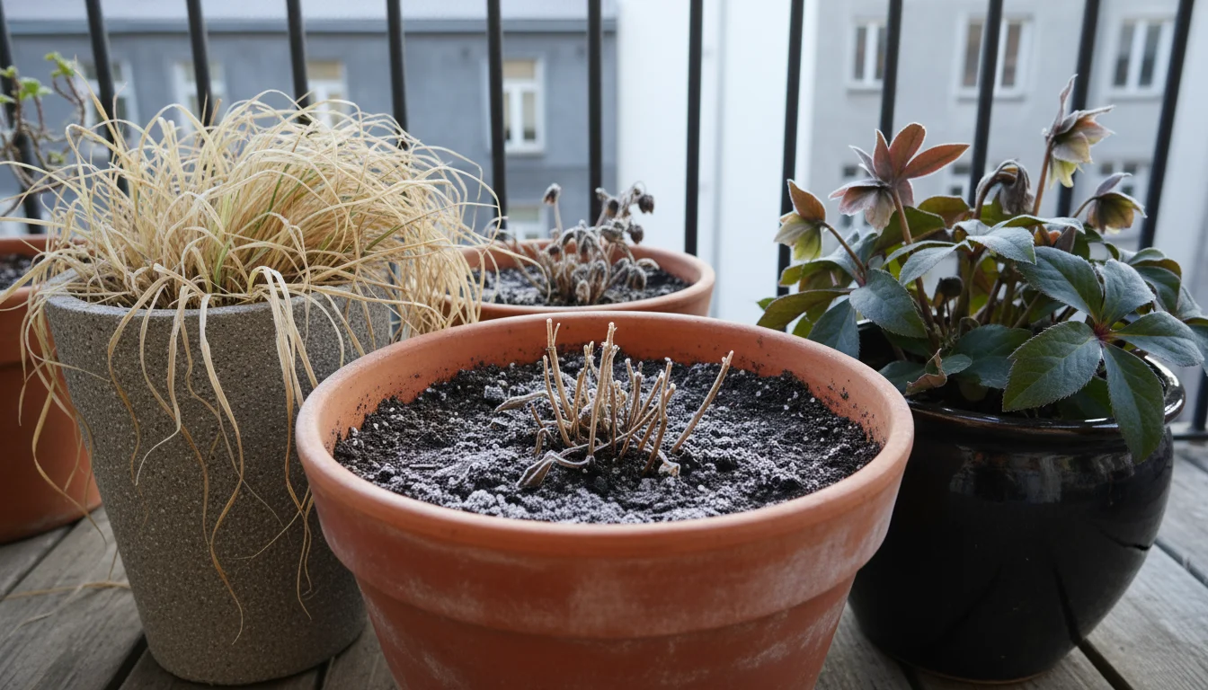 A trio of dormant container perennials on an urban balcony, with light frost on the soil.